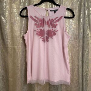 White House Black Market Floral Red Flower Pink Mesh Top, Small